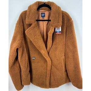 NWT GAP Sherpa Teddy Bear Jacket Womens XL Brown Double Breasted Faux Fur Winter